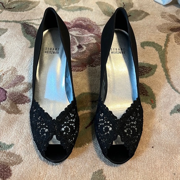 STUART WEITZMAN CHANTELLE BLACK SATIN heel - Picture 2 of 4